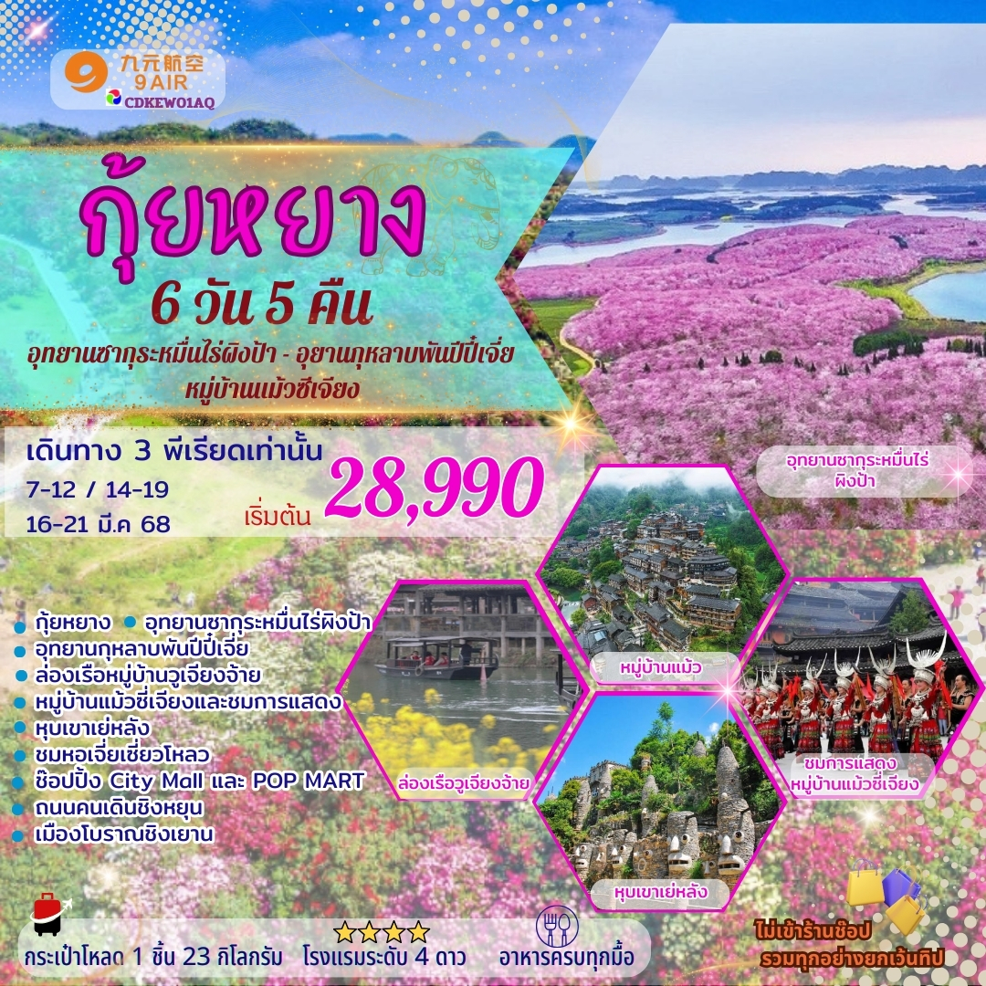 ทัวร์จีน กุ้ยหยาง–อุทยานซากุระหมื่นไร่–อุทยานกุหลาบพันปี 6วัน 5คืน (AQ)