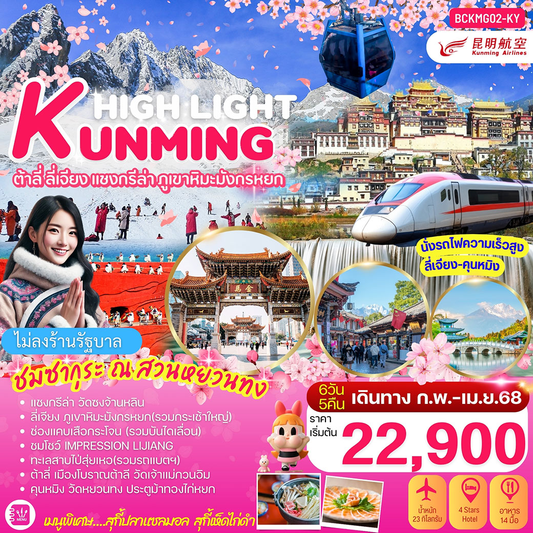 ทัวร์จีน HIGHLIGHT KUNMING (SAKURA) คุนหมิง ต้าลี่ ลี่เจียง แชงกรีล่า ภูเขาหิมะมังกรหยก 6วัน 5คืน (KY)